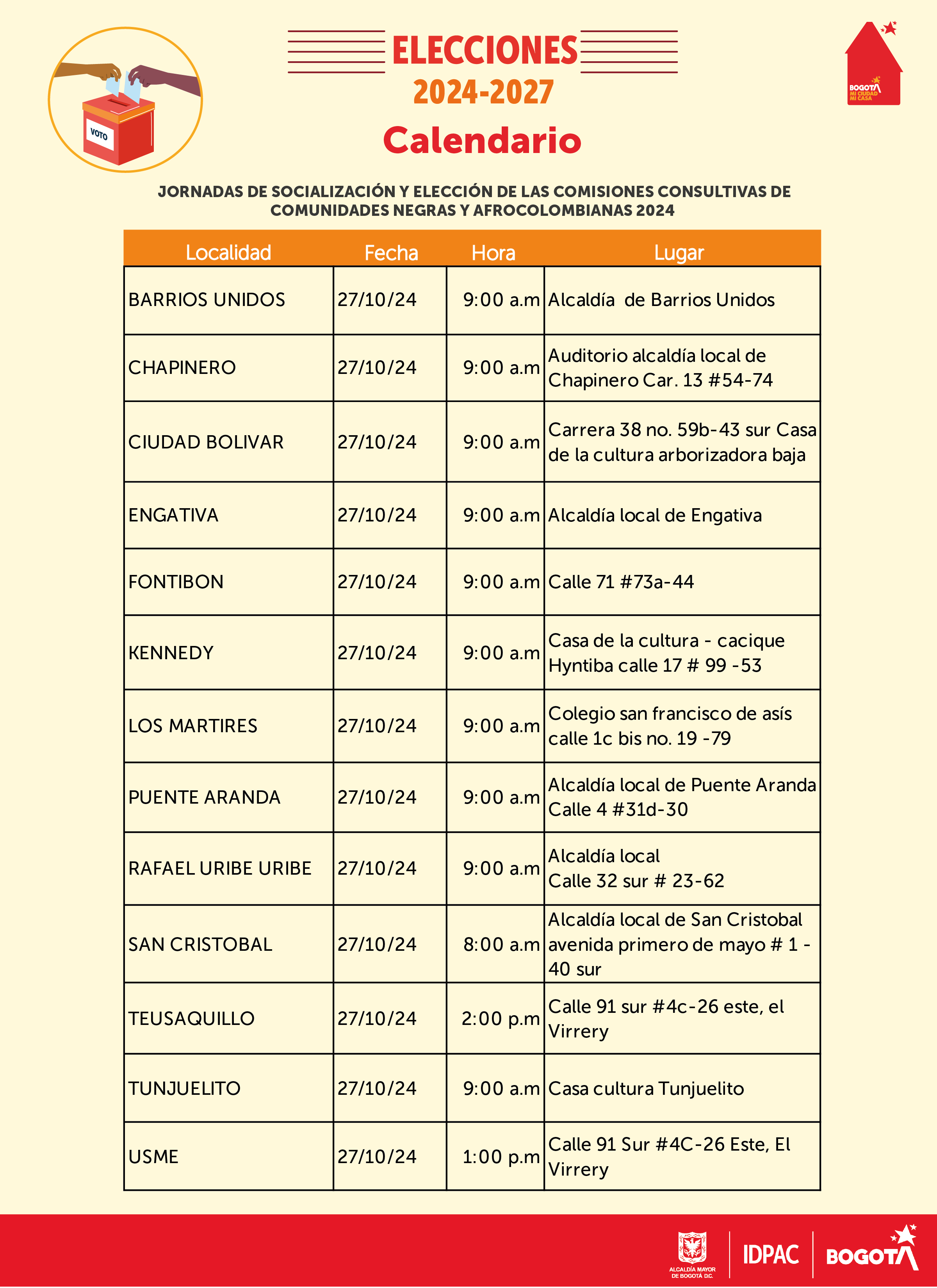 Cronograma elecciones consultivas de comunidades negras y afro colombianas en localidades de Bogotá.