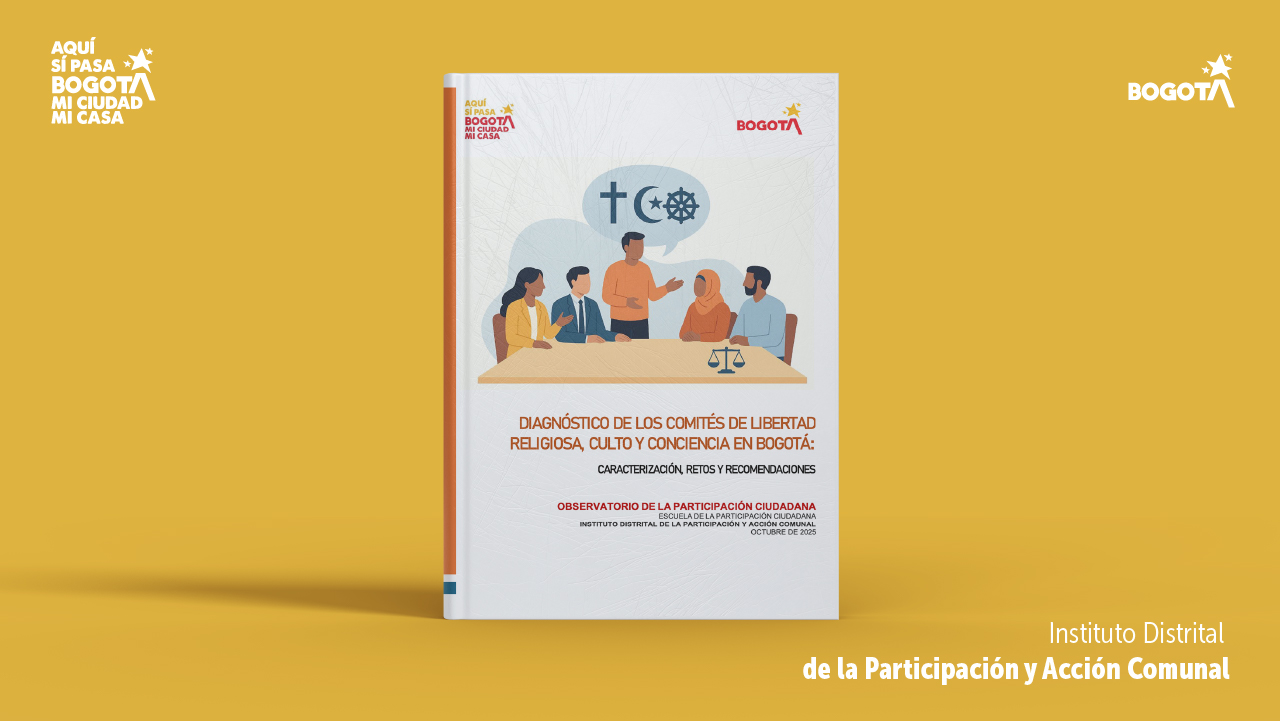 Portada del documento “Diagnóstico de los Comités de Libertad Religiosa, Culto y Conciencia en Bogotá”, con ilustración de personas dialogando sobre diversidad religiosa, acompañada de los logos de Bogotá y del IDPAC.