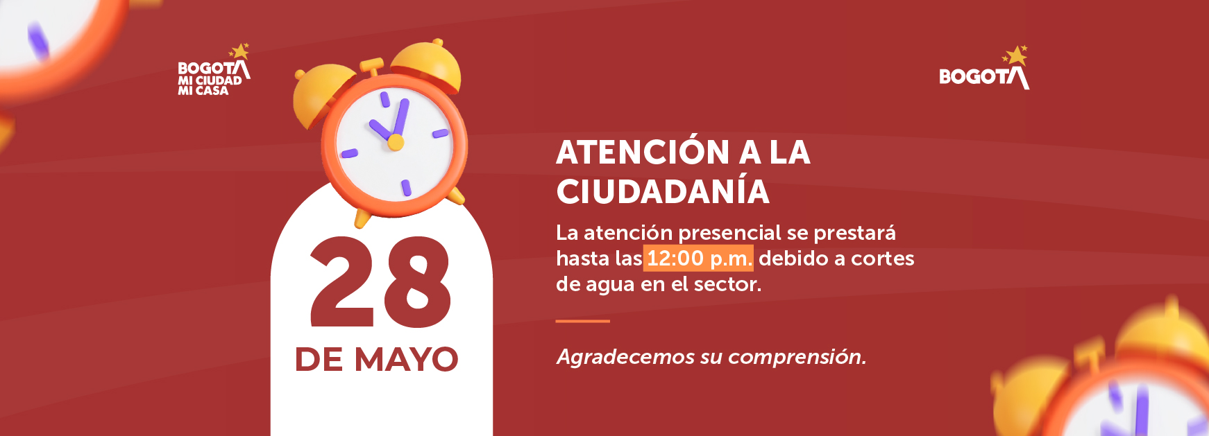El IDPAC informa que el 28 de mayo la atención presencial a la ciudadanía se prestará hasta las 12 p. m. debido a cortes de agua en el sector.