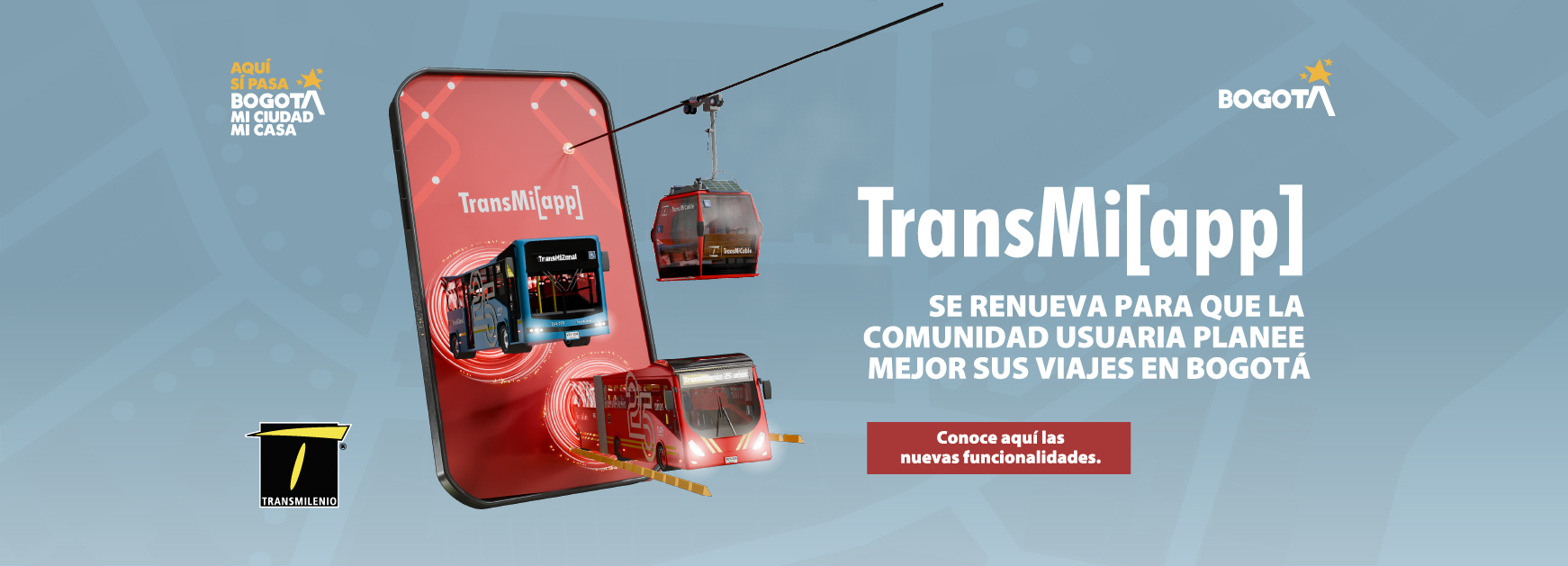 Banner institucional de TransMilenio que informa que TransMi[app] se renueva para que la comunidad usuaria planee mejor sus viajes en Bogotá y conozca sus nuevas funcionalidades.