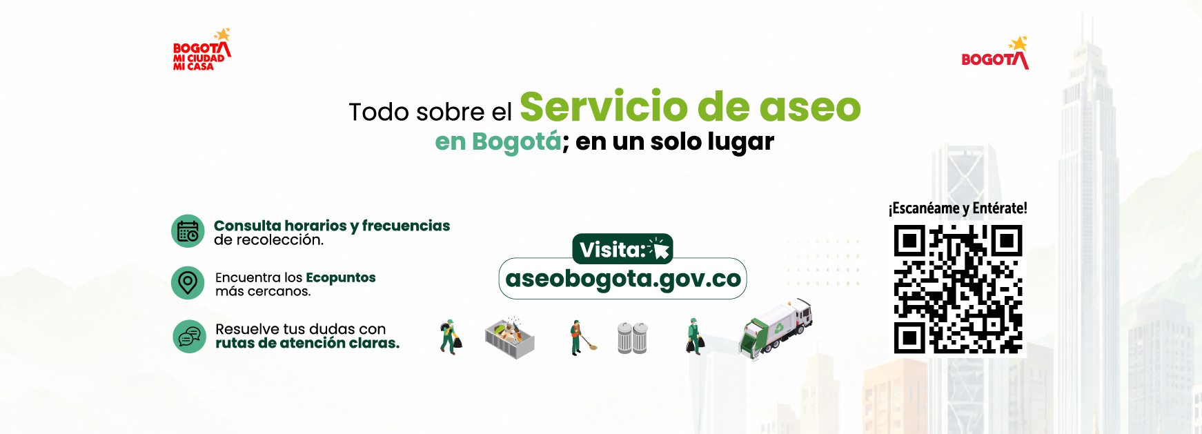 ieza informativa de Bogotá que invita a consultar el portal de aseo de la ciudad. Incluye información sobre horarios y frecuencias de recolección, ubicación de ecopuntos, rutas de atención y un código QR para acceder al sitio aseobogota.gov.co.