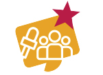 Ícono que representa la cobertura periodística y la participación de las comunidades del IDPAC (micrófono y grupo de personas