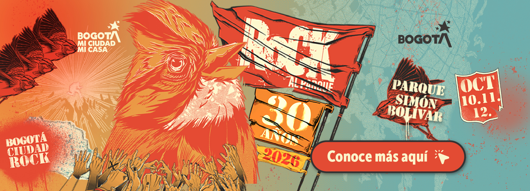 Cartel de Rock al Parque 2026, 30 años, con la ilustración de un ave y banderas rojas, en el Parque Simón Bolívar de Bogotá.