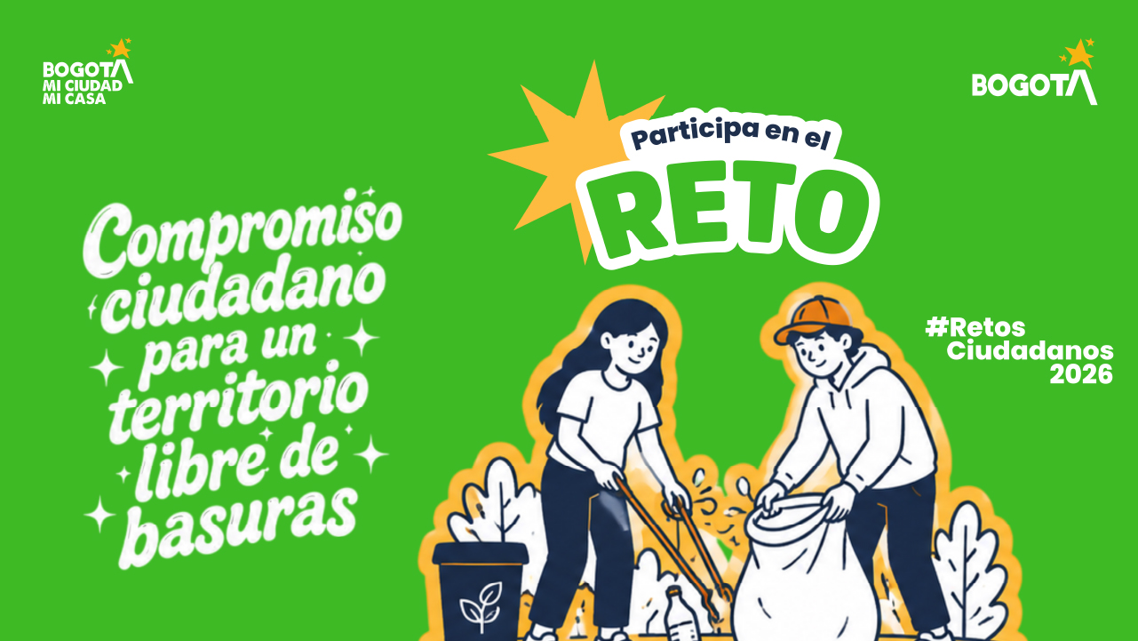 Ilustración de dos jóvenes recogiendo basura, pieza de la campaña #RetosCiudadanos2026 "Compromiso Ciudadano para un Territorio Libre de Basuras", de Bogotá Mi Ciudad Mi Casa.