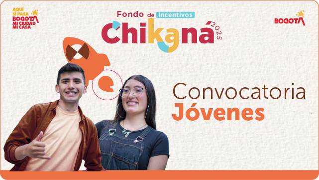 Banner del Fondo de Incentivos Chikaná 2025 con el título “Convocatoria Jóvenes”. Aparecen dos jóvenes sonrientes frente a un cohete ilustrado, sobre fondo claro con franja naranja