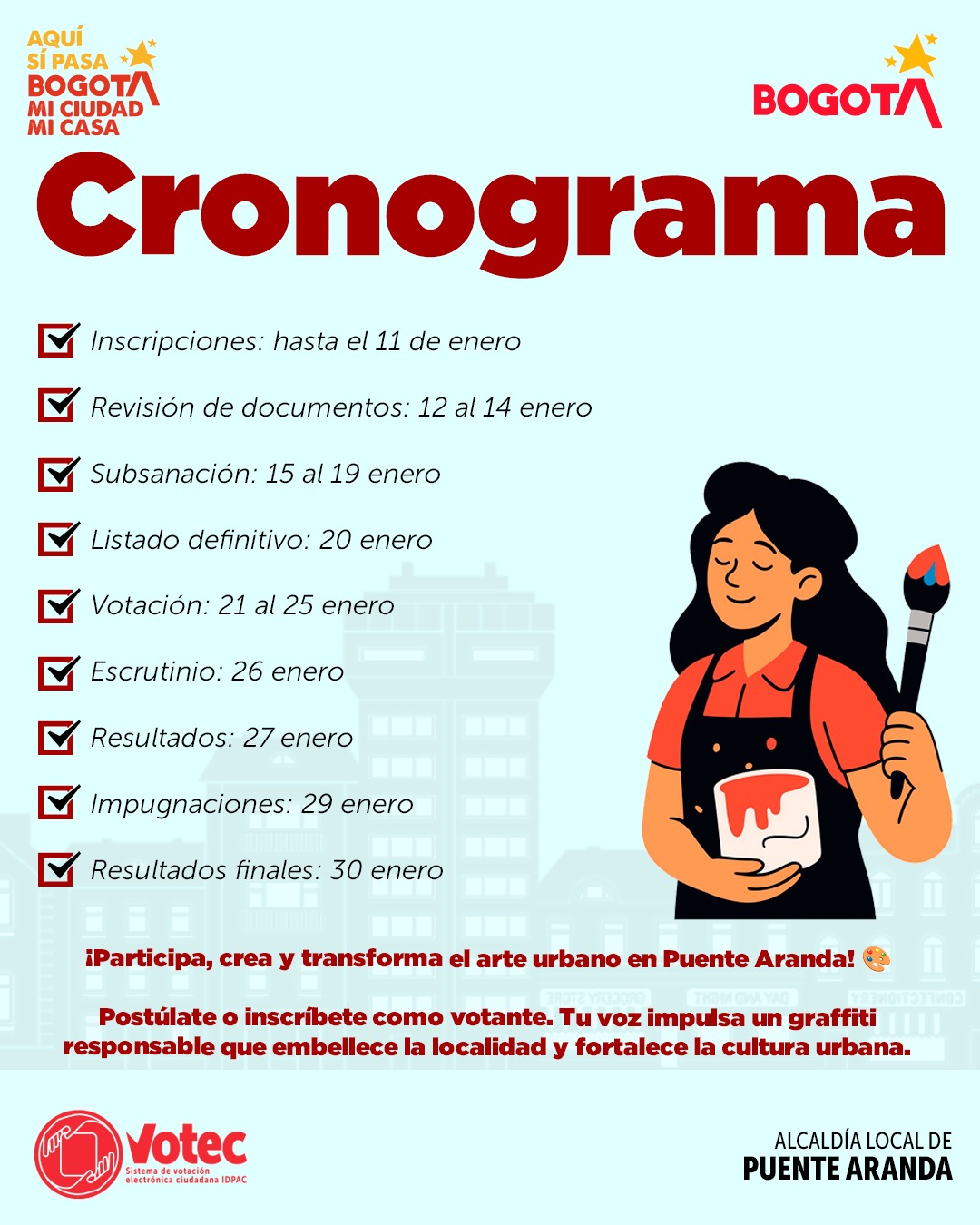 Cronograma del proceso de participación ciudadana para el Consejo Local de Grafiti y Muralismo en Puente Aranda, Bogotá, con fechas de inscripción, votación y resultados que fortalecen la cultura urbana y la participación en la ciudad.