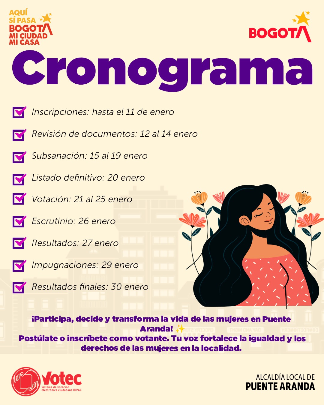 Cronograma de fechas para el proceso de participación de las mujeres en Puente Aranda, Bogotá, destacando inscripciones, votación, escrutinio y resultados, promovido por el sistema Participación Bogotá.