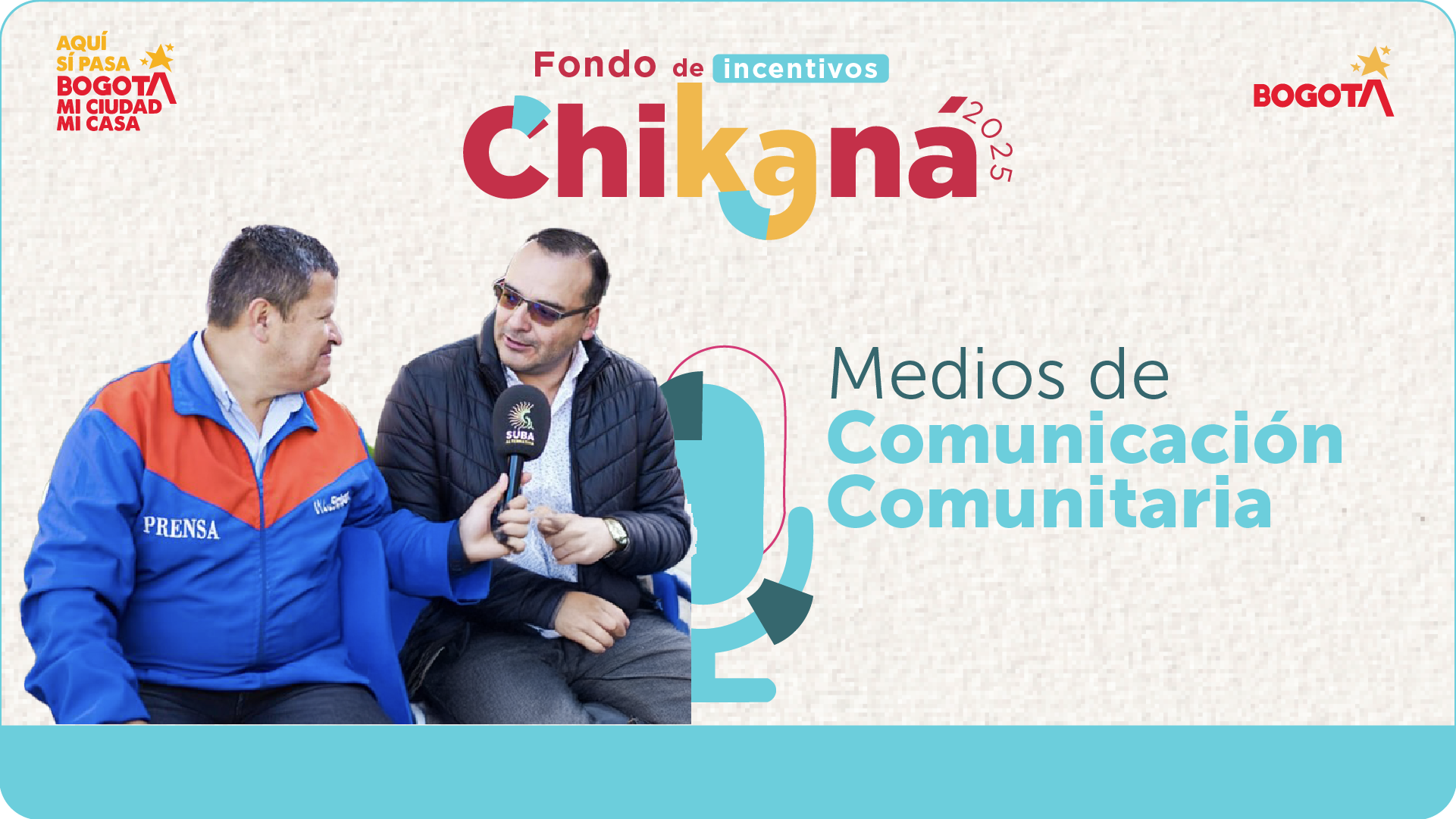 Banner del Fondo de Incentivos Chikaná 2025, eje Medios de Comunicación Comunitaria, con dos personas conversando frente a un micrófono.