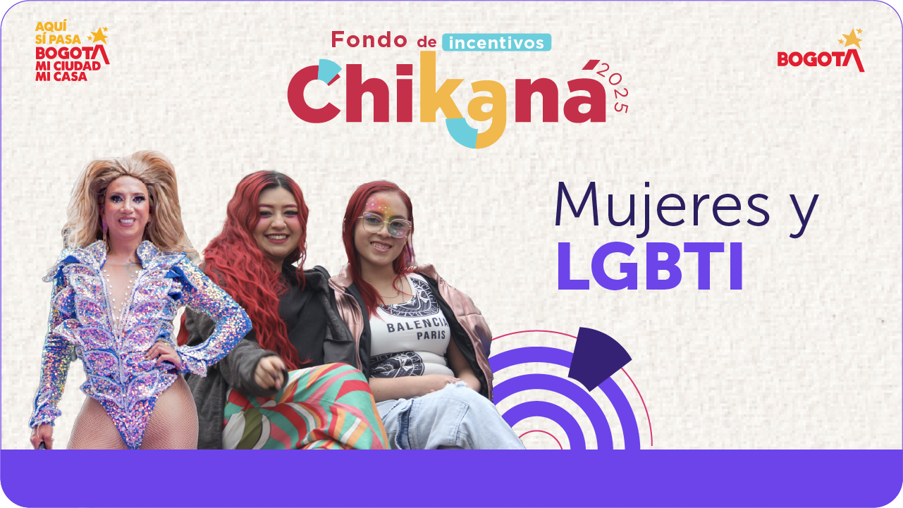 Banner del Fondo de Incentivos Chikaná 2025 con enfoque en mujeres y población LGBTI. Aparecen tres personas frente al título "Mujeres y LGBTI", sobre fondo claro y franja violeta.