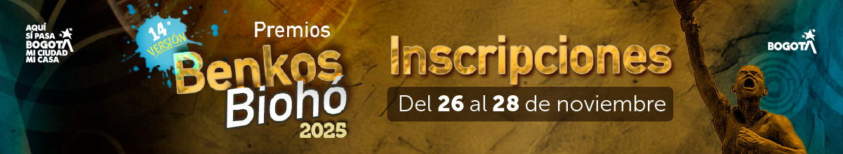 Banner institucional de los Premios Benkos Biohó 2025, 14ª versión, con la invitación a inscripciones del 26 al 28 de noviembre, acompañado de la marca Bogotá y una escultura afrodescendiente.