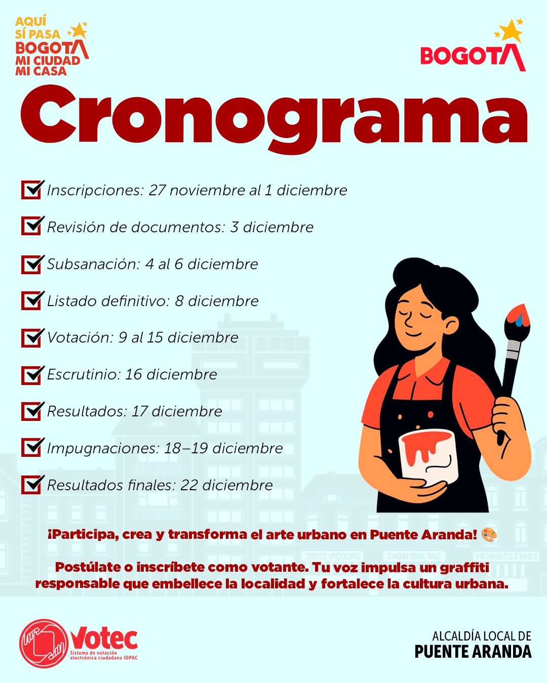Cronograma del proceso de participación para el Consejo Local de Grafiti y Muralismo de Puente Aranda, con fechas de inscripción, revisión, votación y resultados, acompañado de una ilustración de una joven pintora y logos institucionales del IDPAC, VOTEC y la Alcaldía Local de Puente Aranda.