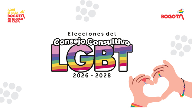 Imagen institucional de las elecciones del Consejo Consultivo LGBT 2026-2028 en Bogotá, con logotipos de la Alcaldía de Bogotá e ilustración de manos formando un corazón.