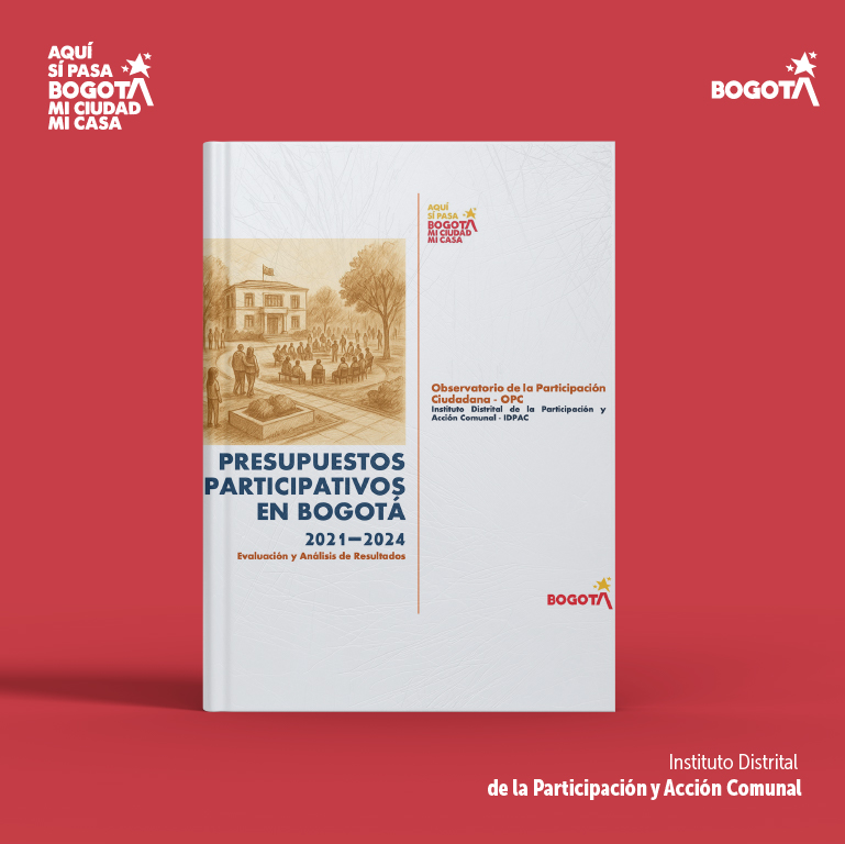 Portada del documento “Presupuestos Participativos en Bogotá 2021–2024”, con ilustración de una comunidad reunida frente a una institución pública, en una pieza institucional del IDPAC.