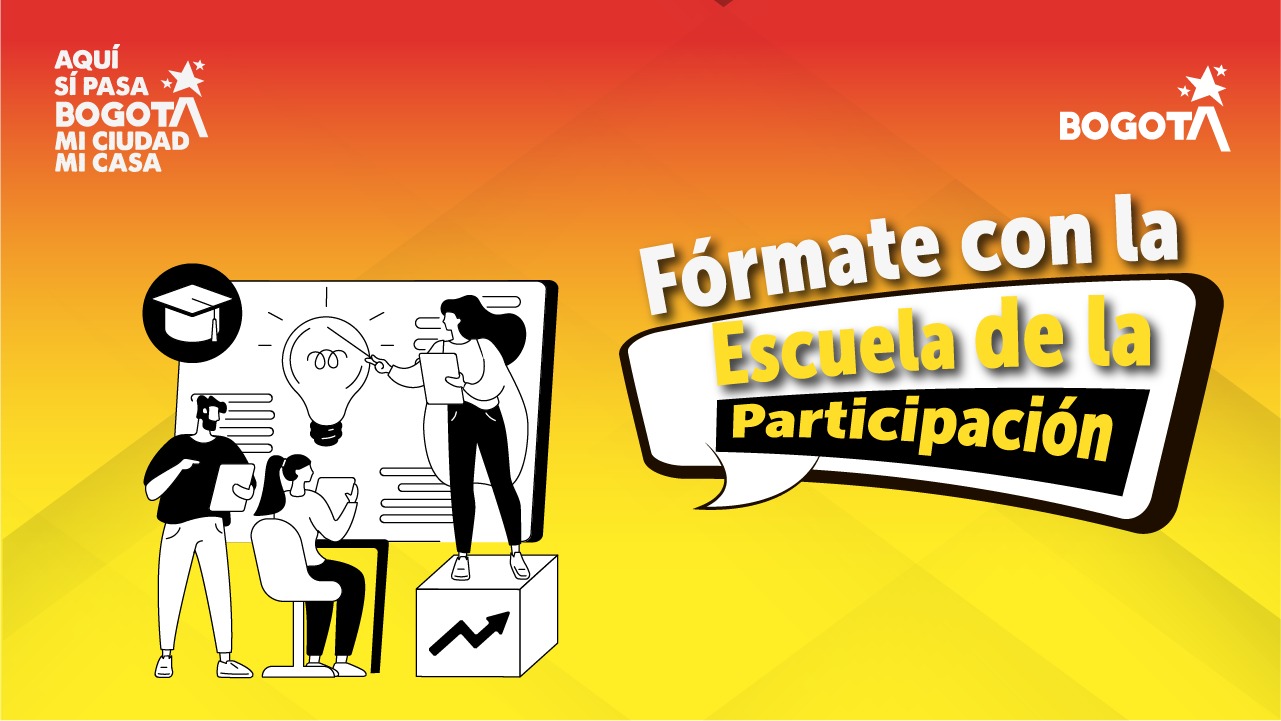 Banner institucional del IDPAC con el mensaje Fórmate con la Escuela de la Participación, acompañado de ilustraciones de personas aprendiendo y un fondo en tonos amarillo y rojo