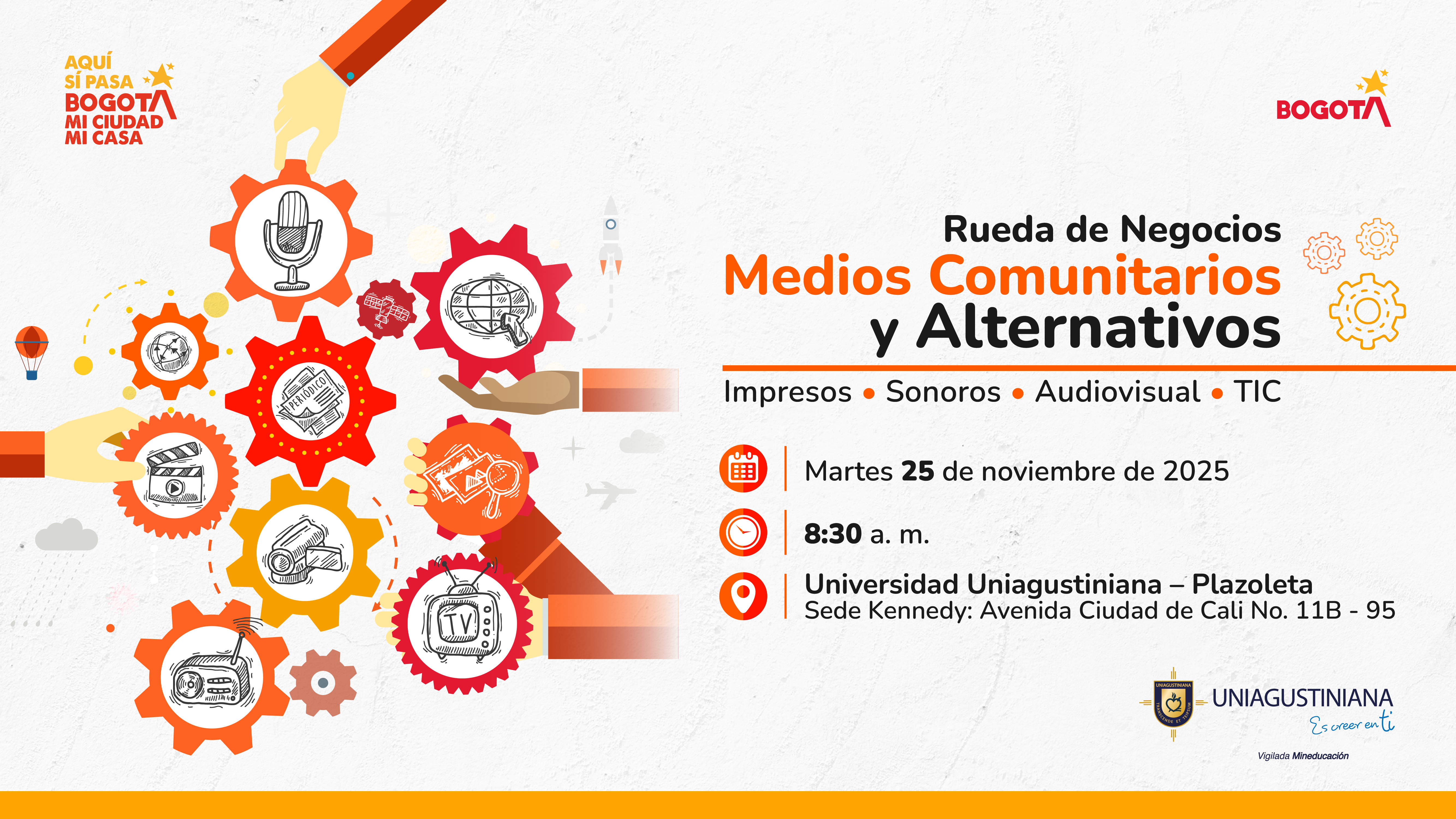 Invitación a la Rueda de Negocios de Medios Comunitarios y Alternativos, con íconos de prensa, radio, televisión y TIC dentro de engranajes, e información del evento en la Universidad Uniagustiniana sede Kennedy el 25 de noviembre de 2025.