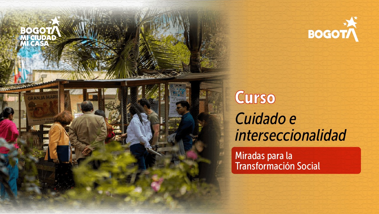 Participantes observan y aprenden sobre cuidado e interseccionalidad en un espacio comunitario al aire libre, fortaleciendo la transformación social y la convivencia en Bogotá.