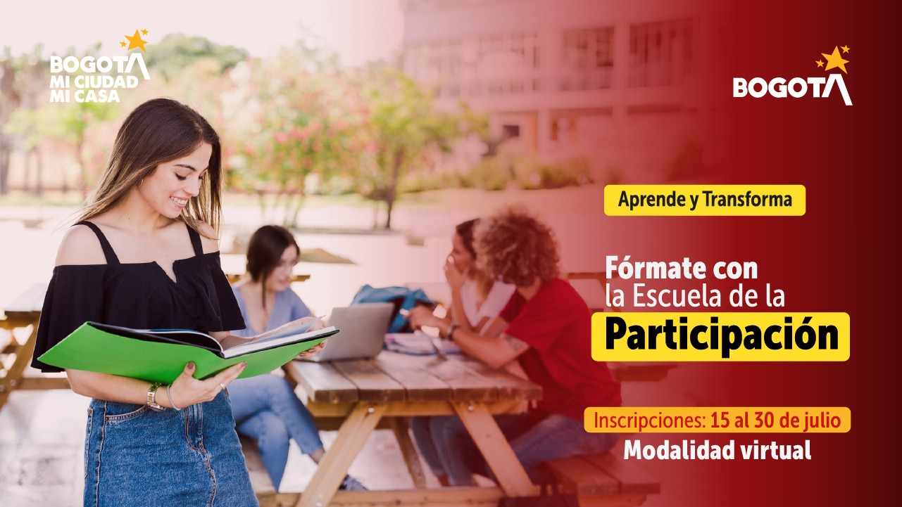 Pieza del IDPAC que invita a inscribirse en la Escuela de la Participación con formación virtual e inscripciones del 15 al 30 de julio.