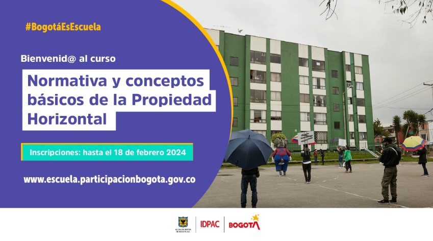 La imagen contiene el título del curso “Normativa y conceptos básicos de la Propiedad Horizontal”