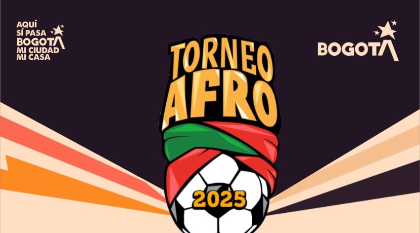 Logo del Torneo Afro 2025 con un balón de fútbol envuelto en una cinta tricolor rojo, verde y negra, sobre un fondo oscuro con franjas naranjas y beiges. Aparece el eslogan "Aquí sí pasa Bogotá mi ciudad mi casa" y el logo de Bogotá.