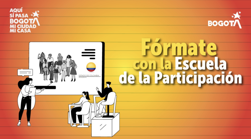 Ilustración de personas participando en un espacio de formación ciudadana de la Escuela de la Participación en Bogotá, promovida por el IDPAC.