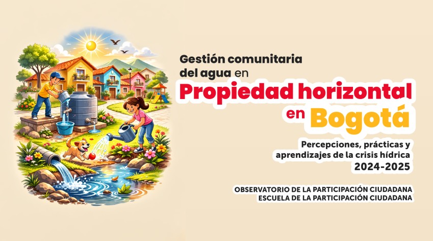 Ilustración de niños y adultos utilizando un sistema de almacenamiento y riego de agua en un conjunto residencial, mostrando prácticas de cuidado del recurso hídrico en Bogotá.