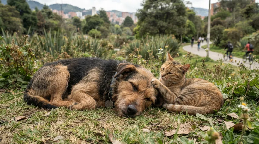 Perro y gato descansan juntos en una zona verde de Bogotá, imagen que acompaña la convocatoria a las elecciones del Consejo Local de Protección y Bienestar Animal de Teusaquillo.